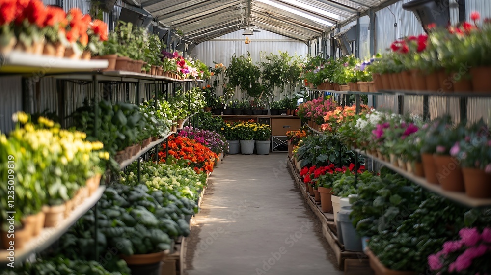 Vibrant Greenhouse with Rows of Colorful Flowers and Foliage for Gardening Enthusiasts and Plant Lovers : Generative AI Vibrant Greenhouse with Rows of Colorful Flowers and Foliage for Gardening Enthusiasts and Plant Lovers : Generative AI