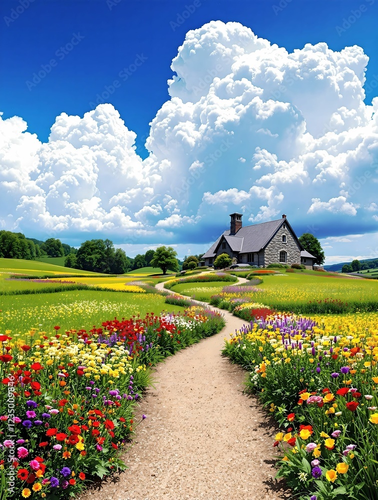 A winding dirt path lined with vibrant wildflowers leads to a charming countryside cottage, nestled in rolling green fields under a bright blue sky with fluffy white clouds.