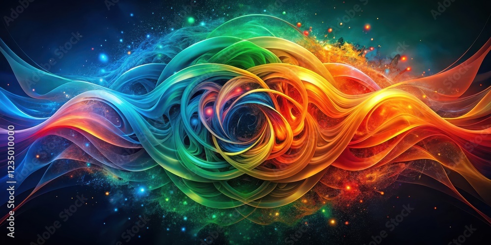 Fototapeta premium Abstract Cosmic Symphony Intertwined Waves of Light and Color, Shimmering with Stardust and a Glittering Galaxy