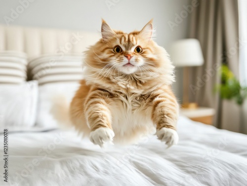 Wallpaper Mural A fluffy orange cat with a funny expression is captured mid-jump on a bed in a cozy room. Torontodigital.ca