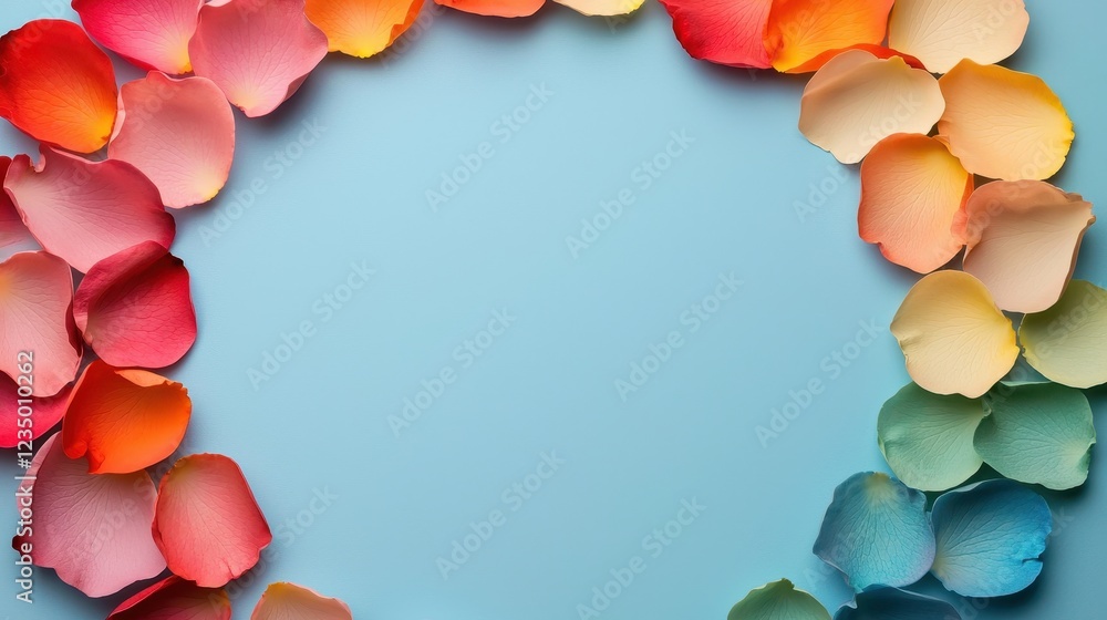 Fototapeta premium Colorful flower petals arranged in a circular frame on a blue background.