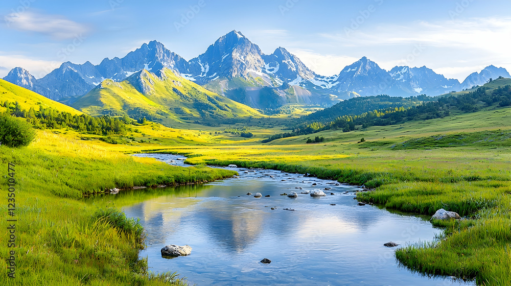 Fototapeta premium Winding river flows through a lush green alpine valley with majestic snow-capped mountains under a blue sky.