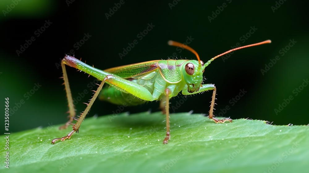 Fototapeta premium Profile View of Green Grasshopper Perched on Leaf in Natural Habitat : Generative AI