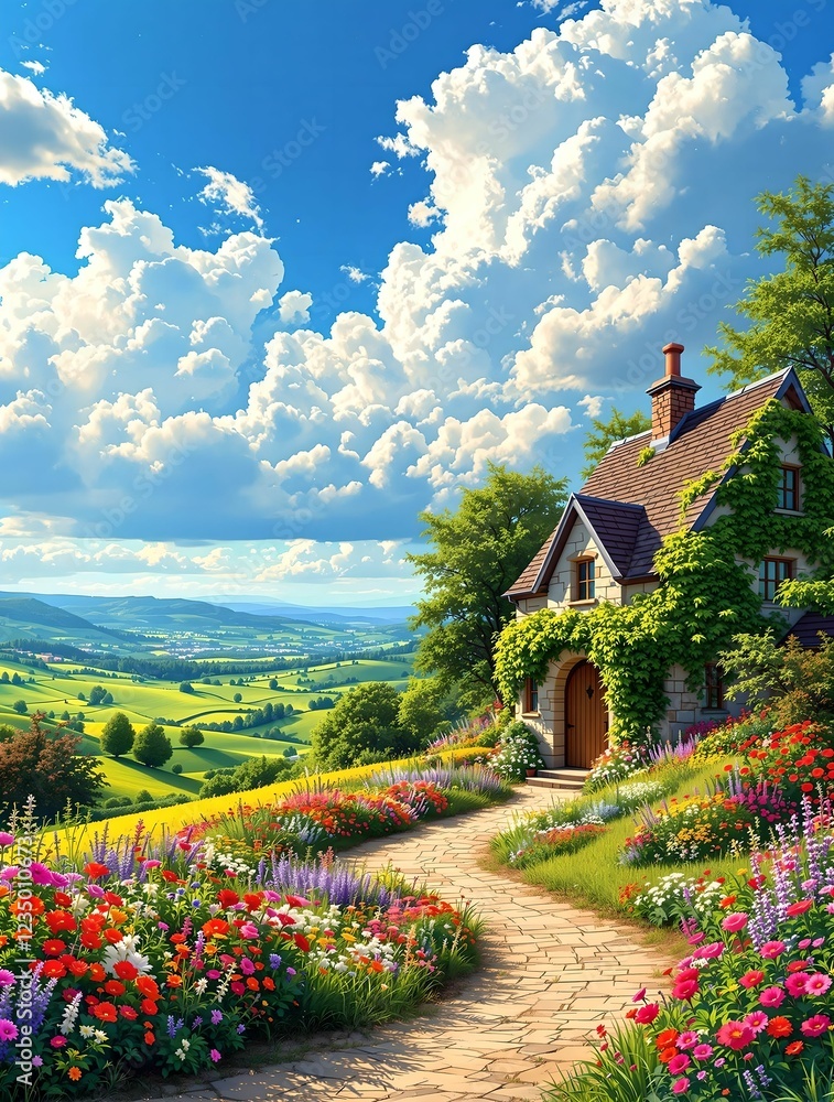A winding dirt path lined with vibrant wildflowers leads to a charming countryside cottage, nestled in rolling green fields under a bright blue sky with fluffy white clouds.