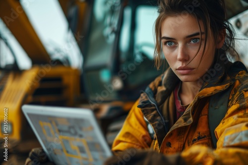 Focused woman using a laptop on a construction site with machinery in the background. photo