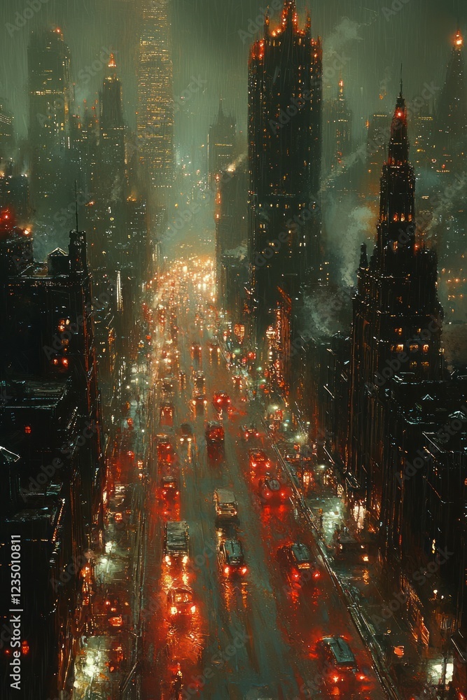 Fototapeta premium Rainy Night Cityscape Traffic Lights Gleam