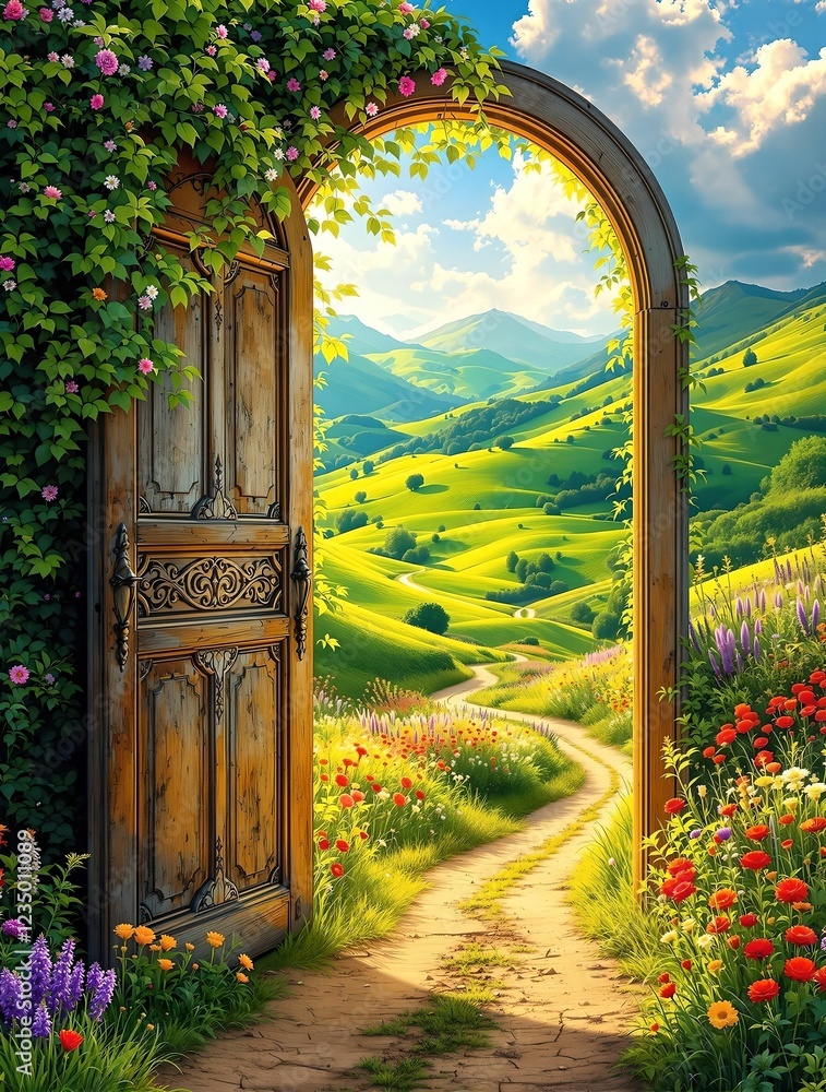 An enchanting wooden archway adorned with ivy and flowers opens to a breathtaking view of rolling green hills, a winding path, and golden sunlight beneath a vast blue sky.