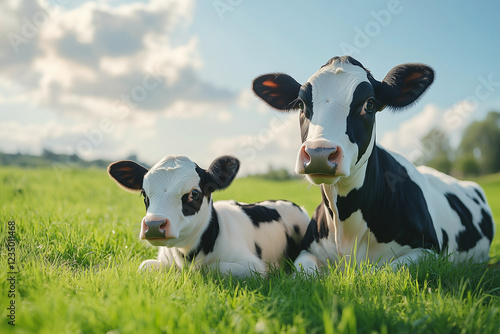 Cows and calf resting on grassy field under sunny sky, showcasing peaceful rural scene. bond between mother and calf is heartwarming and serene photo