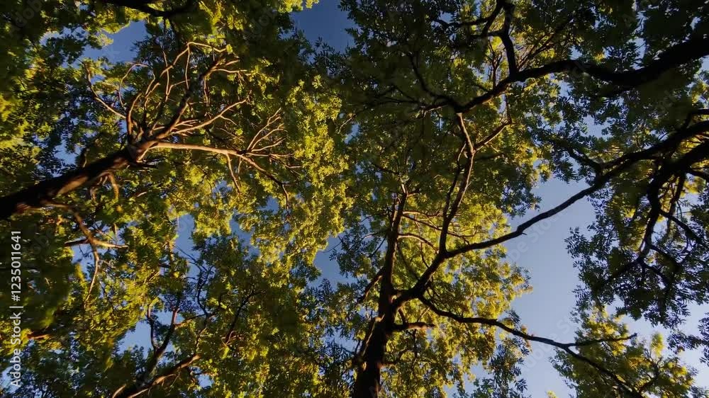 A breathtaking 4K ultra-HD stock video capturing a mesmerizing upward view of a lush green forest, showcasing the towering trees with their vibrant canopies reaching toward the sky. A breathtaking 4K ultra-HD stock video capturing a mesmerizing upward view of a lush green forest, showcasing the towering trees with their vibrant canopies reaching toward the sky.