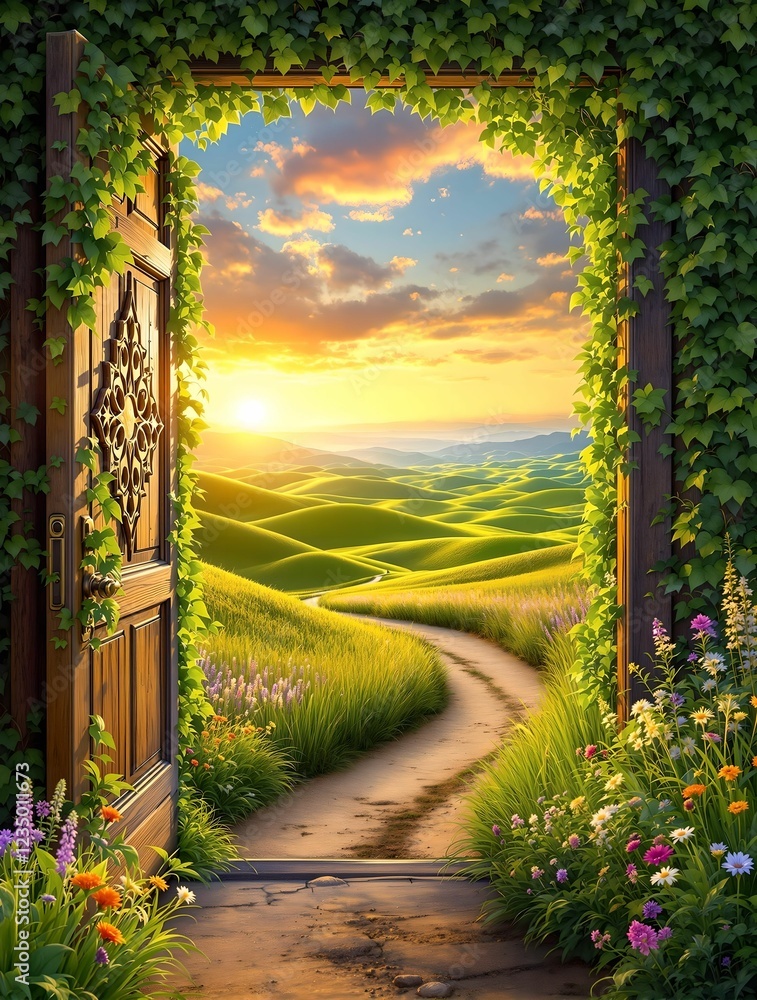An enchanting wooden archway adorned with ivy and flowers opens to a breathtaking view of rolling green hills, a winding path, and golden sunlight beneath a vast blue sky.