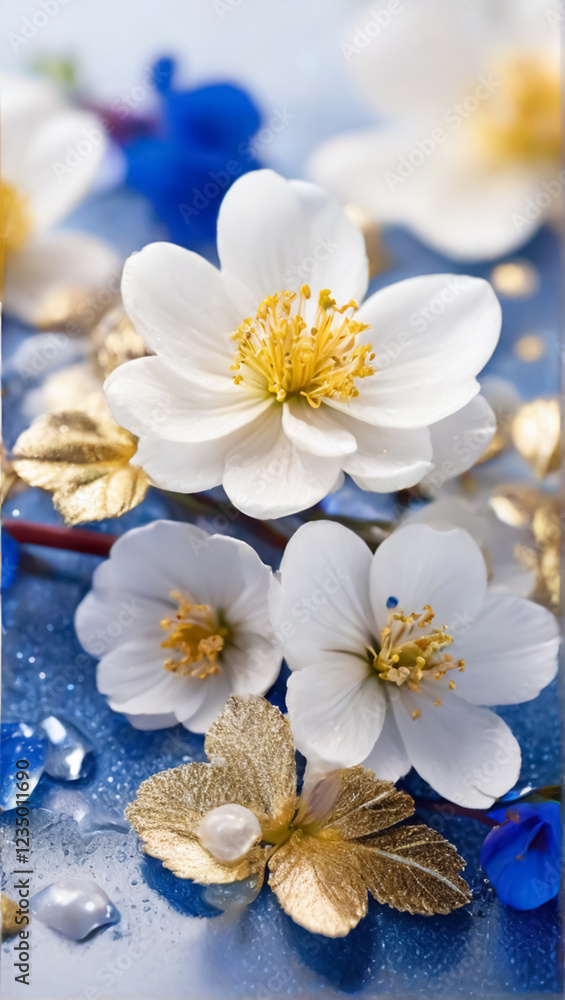 Delicate white blossoms with golden centers bloom against a soft blue backdrop. Water droplets cling to the petals, adding a touch of freshness and vibrancy to the scene. Delicate white blossoms with golden centers bloom against a soft blue backdrop. Water droplets cling to the petals, adding a touch of freshness and vibrancy to the scene.
