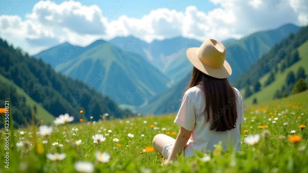 A woman is peacefully gazing at the breathtaking and majestic mountains while enjoying a vibrant meadow