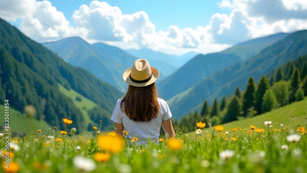 A woman is peacefully gazing at the breathtaking and majestic mountains while enjoying a vibrant meadow