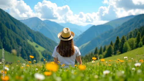 Obraz na płótnie A woman is peacefully gazing at the breathtaking and majestic mountains while enjoying a vibrant meadow w salonie