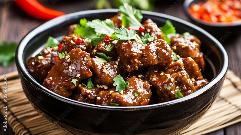 Spicy Asian Pork Ribs Garnished with Fresh Herbs and Sesame Seeds : Generative AI Spicy Asian Pork Ribs Garnished with Fresh Herbs and Sesame Seeds : Generative AI