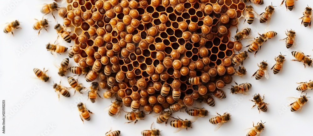 Close-up of bees working on honeycomb, showcasing their teamwork and natural habitat Close-up of bees working on honeycomb, showcasing their teamwork and natural habitat