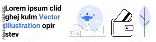 Businessman balancing on a tightrope over buildings, wallet with credit cards, placeholder Latin text block. Ideal for business balance, finance management, placeholder content, conceptual artwork