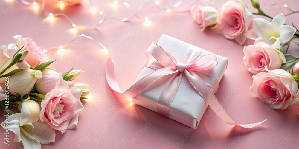 A delicate white gift box with a pink ribbon, surrounded by soft pink and white flowers and twinkling fairy lights, creates a romantic and elegant backdrop for a special occasion. A delicate white gift box with a pink ribbon, surrounded by soft pink and white flowers and twinkling fairy lights, creates a romantic and elegant backdrop for a special occasion.