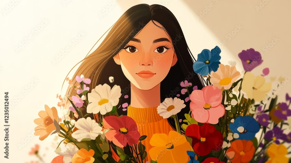 Fototapeta premium Peaceful woman holding a vibrant bouquet, enjoying the sweet fragrance of flowers in a tranquil setting