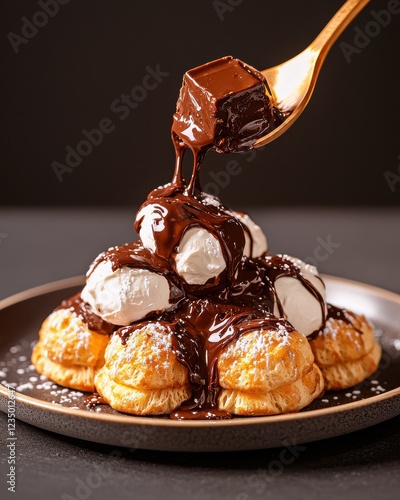 Chocolate lava drizzling over profiteroles gourmet dessert elegant dining dark background indulgent experience photo