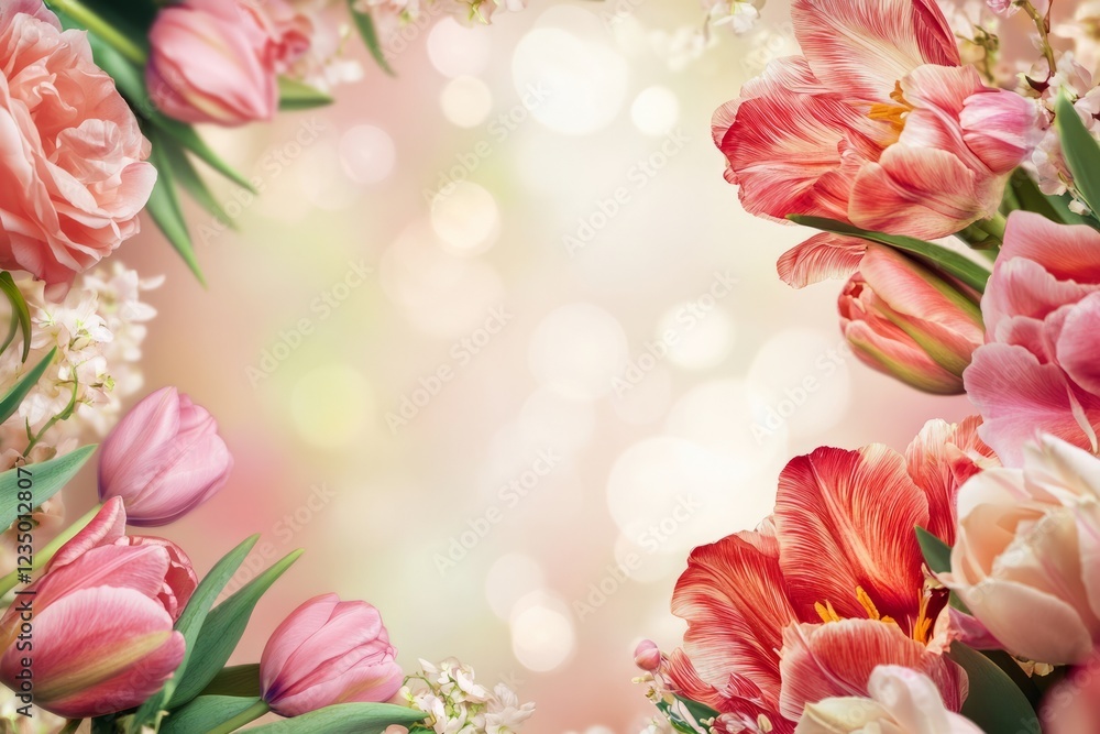 Fototapeta premium Beautiful pink tulips frame a golden rectangle on an elegant light pink bokeh background, creating a romantic and luxurious atmosphere with space for text.