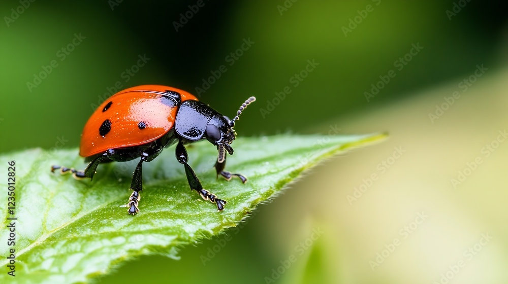 Fototapeta premium Closeup of a Bright Red Ladybug Exploring Green Leaf in Lush Garden : Generative AI