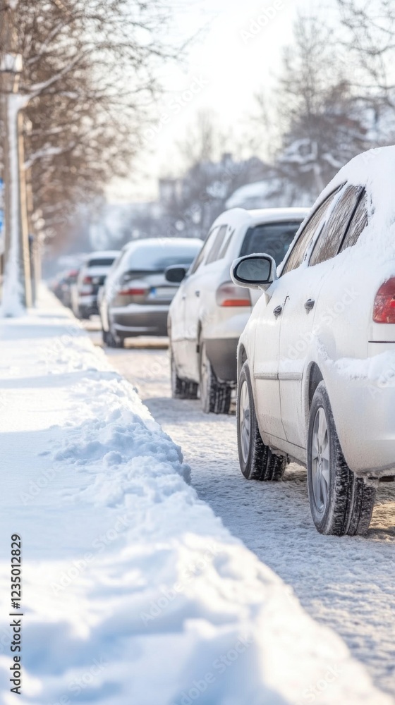 Cars are stuck in traffic on a snowy road, with visible exhaust fumes rising in the cold air. The scene captures a typical winter day with overcast skies. Cars are stuck in traffic on a snowy road, with visible exhaust fumes rising in the cold air. The scene captures a typical winter day with overcast skies.