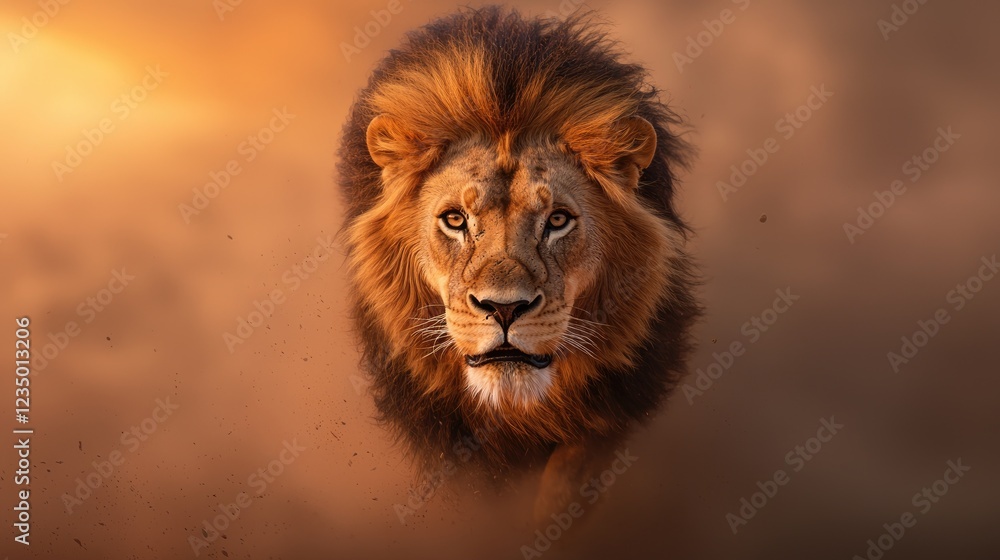 Fototapeta premium A majestic lion strides confidently through a dusty landscape, bathed in warm, golden light, exemplifying power and grace.
