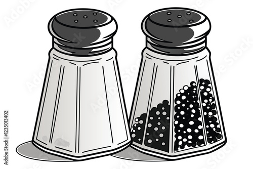  Glass salt and pepper shakers, transparent containers, black lids, white salt, black pepper, minimalist design, kitchen essentials, condiment set, clear glass, cylindrical shape, table seasoning, cul