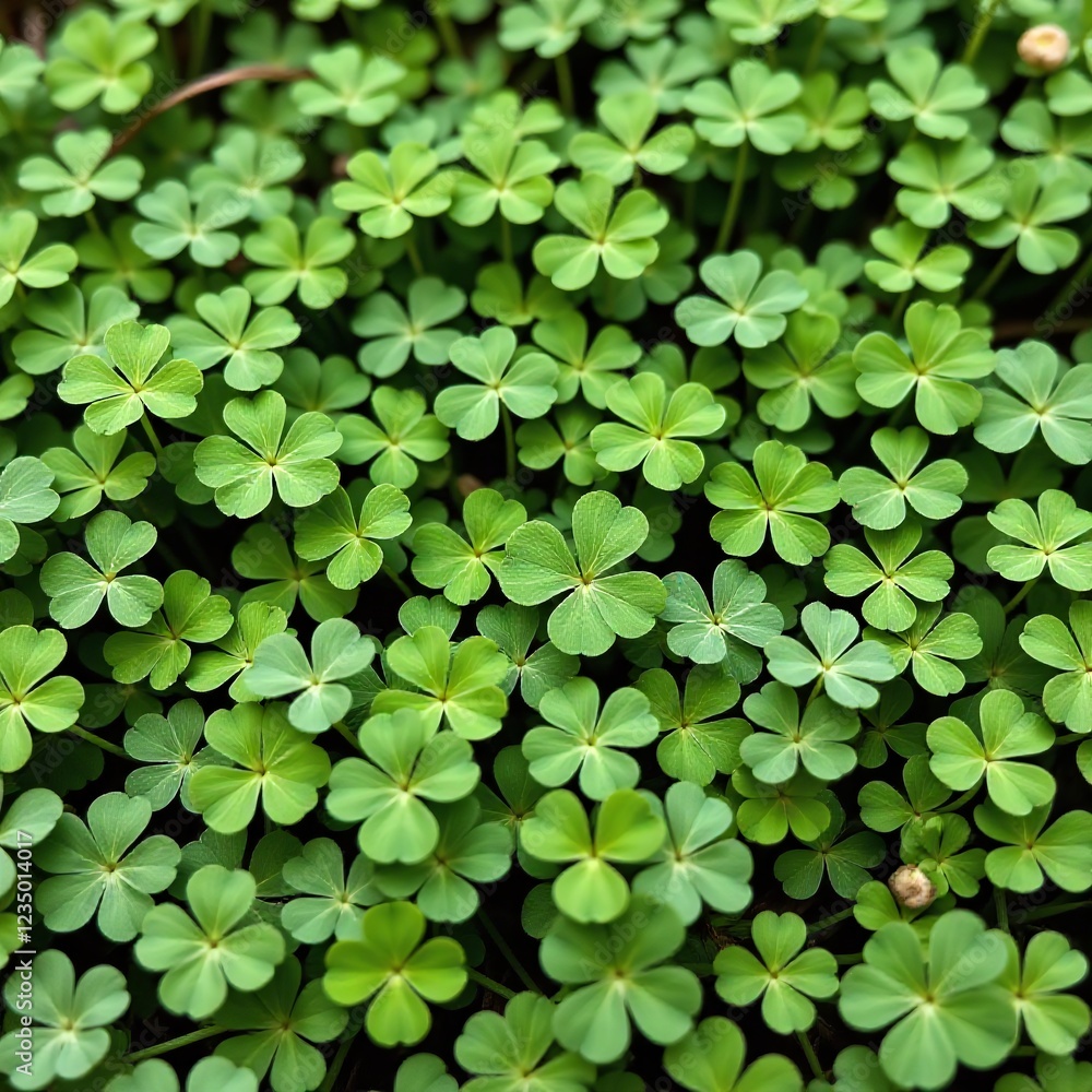 Shamrocks in green field for St. Patrick's Day, Lucky Irish Four Leaf Clover symbolizing good fortune and holiday spirit Shamrocks in green field for St. Patrick's Day, Lucky Irish Four Leaf Clover symbolizing good fortune and holiday spirit