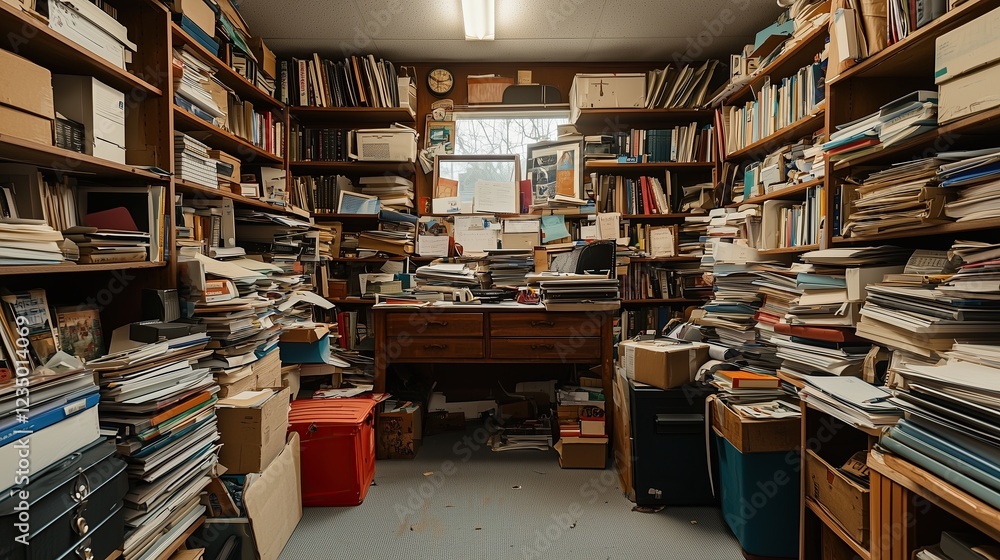 Obraz premium Messy Office with Overloaded Bookshelves and Stacks of Paper, A Cluttered Workspace Full of Books, Documents, and Office Supplies
