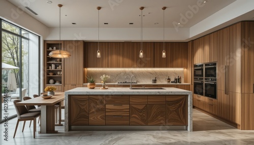 Wallpaper Mural An artistic modern kitchen with warm wooden finishes, featuring high-tech appliances and an open, airy design. The kitchen island, made of rich wood and marble, serves as a focal point, with pendant l Torontodigital.ca