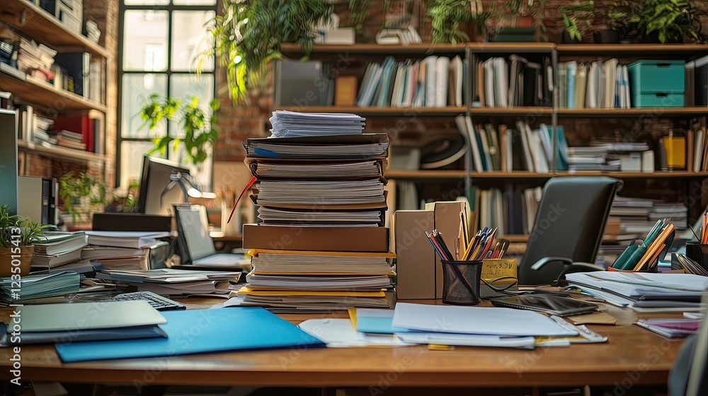 A small office room overflowing with moving boxes, papers, and cluttered desks, showing an untidy and stressful work environment A small office room overflowing with moving boxes, papers, and cluttered desks, showing an untidy and stressful work environment