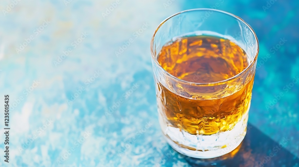 Single Glass of Fine Whiskey with Ice on Elegant Blue Surface : Generative AI Single Glass of Fine Whiskey with Ice on Elegant Blue Surface : Generative AI