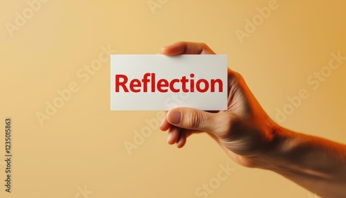 A hand holding a card with the word 'Reflection' against a soft amber background photo