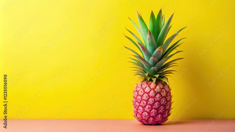 A vibrant pink pineapple on a peach-colored surface with a yellow background. A vibrant pink pineapple on a peach-colored surface with a yellow background.