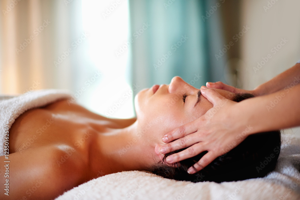 Hands, woman and masseuse for facial therapy at spa, beauty treatment and holistic healing with skincare. Person, luxury resort and client pressure at salon, cosmetic service and smooth or soft skin