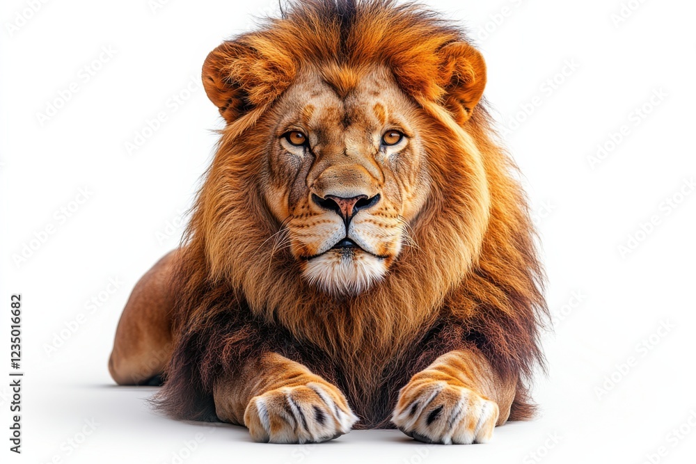 Fototapeta premium Majestic male lion with thick mane resting on white background