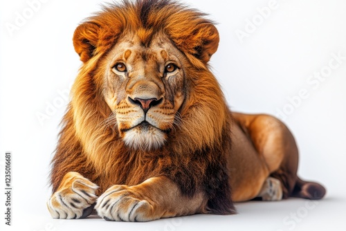 Majestic male lion with thick mane resting on white background