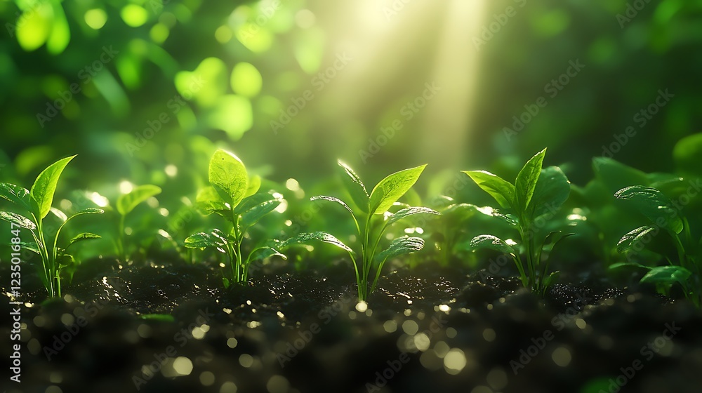 A group of young green seedlings pushing through the rich soil, bathed in warm sunlight A group of young green seedlings pushing through the rich soil, bathed in warm sunlight