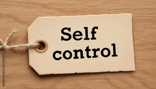 A tag with self-control phrase, resting on a light wood surface, suggesting personal resolve