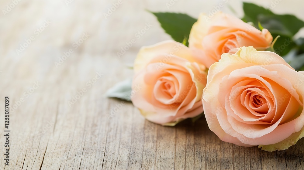 Fototapeta premium Soft Pink Roses Arranged on Wooden Surface for Romantic and Elegant Occasions : Generative AI