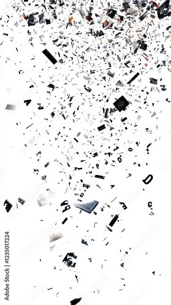 Fototapeta premium Abstract image of fragmented letters and objects falling