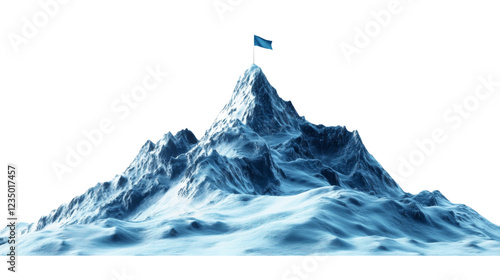 Achieving goal with blue flag on snowy mountain peak with transparent background