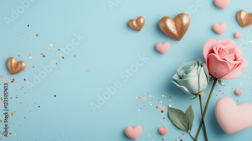 Blue background with pink and blue roses and hearts. Minimalistic background.