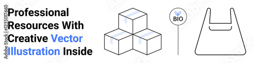 Stacked boxes, biodegradable material label, eco-conscious bag outline. Ideal for sustainability visuals, packaging concepts, environmental campaigns, branding, recycling ads, green business flat