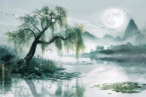 Serene misty landscape with a willow tree reflected in a tranquil lake under a full moon. photo