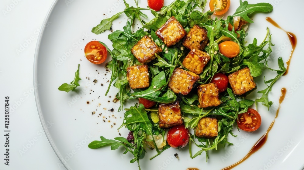 A deconstructed green salad with golden tempeh and cherry tomatoes on a white plate. Soy sauce drizzle and soft lighting create an artistic, elegant presentation. A deconstructed green salad with golden tempeh and cherry tomatoes on a white plate. Soy sauce drizzle and soft lighting create an artistic, elegant presentation.