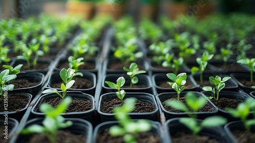 Rows of Fresh Seedlings in a Greenhouse Showcasing Sustainable Agriculture Practices : Generative AI photo