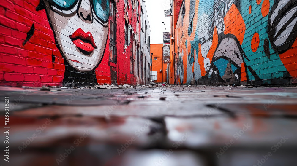 Fototapeta premium vibrant alleyway adorned with colorful street art and graffiti, showcasing urban creativity and expression